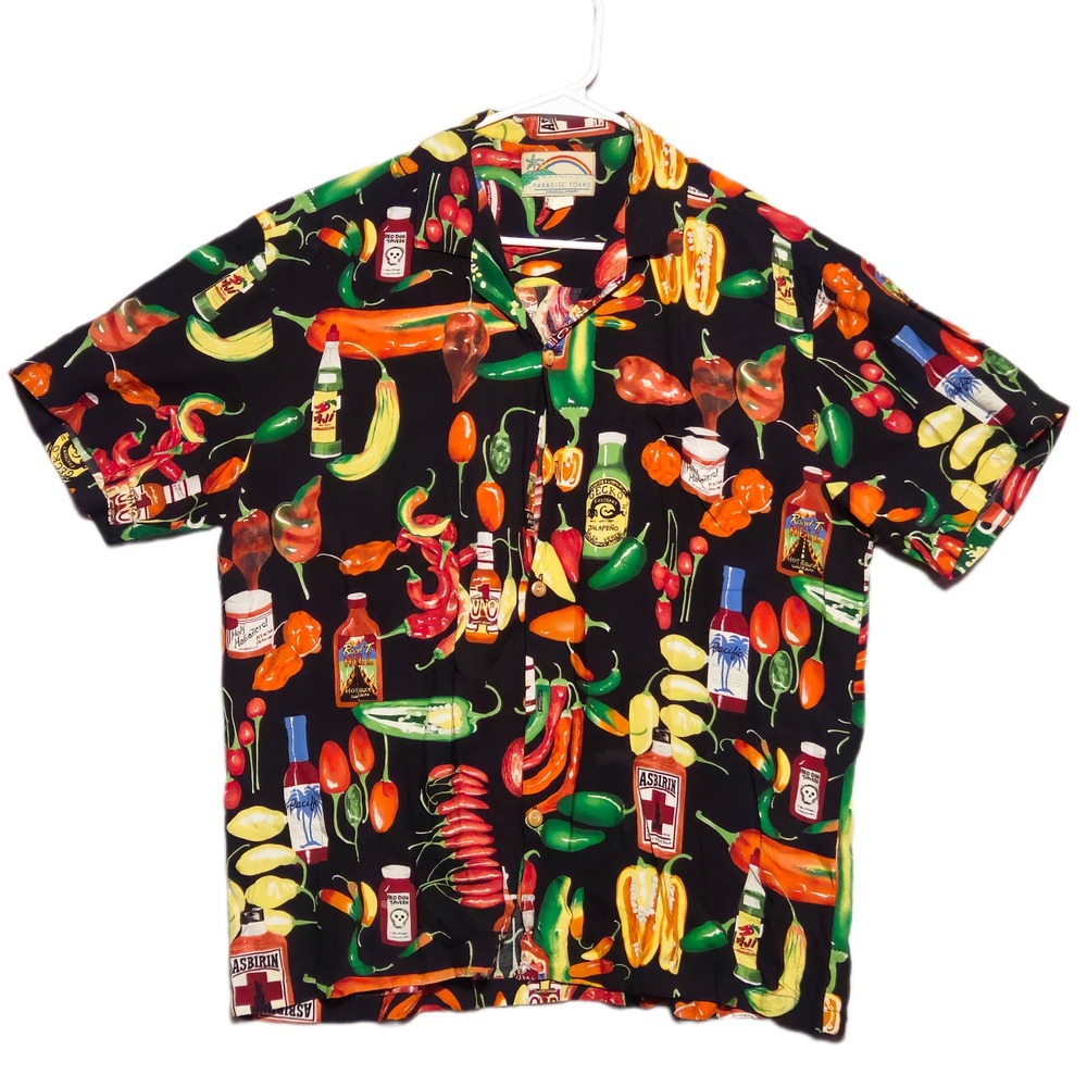 Paradise Found Hot Sauce Chili Pepper Hawaiian Shirt Mens L Black Rayon Aloha